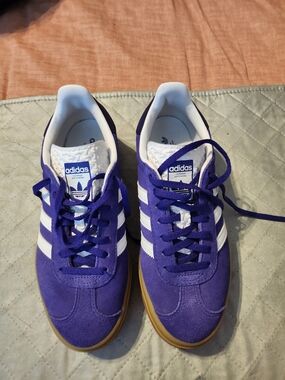 Gazelle- adidas Purple Suede Sneakers with White Stripes and Gum Sole